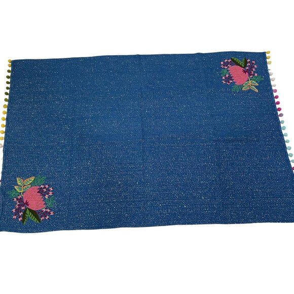 Boho Floral Embroidered Throw Blanket Blue Ethereal Cottagecore Karma Living - Picture 4 of 8